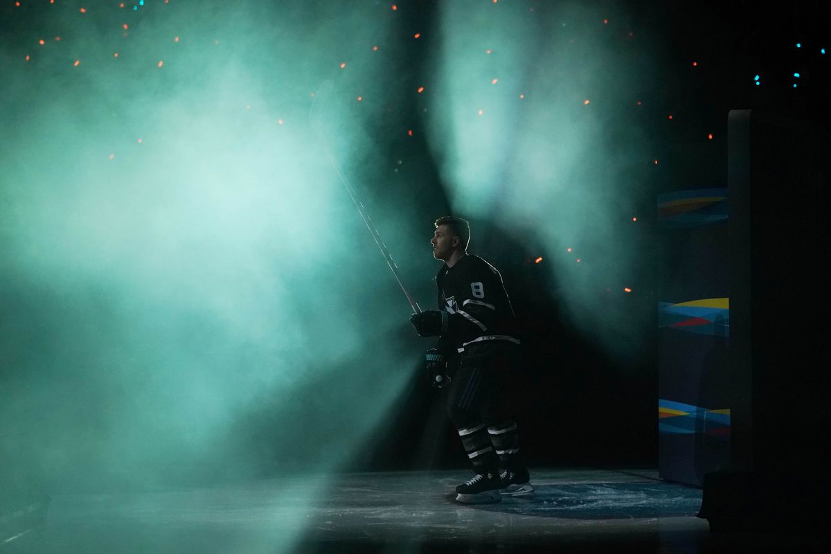 Jan 26, 2019; San Jose, CA, USA; Pacific Division player Joe Pavelski (8) of the San Jose Sharks is introudced before the 2019 NHL All Star Game at SAP Center.