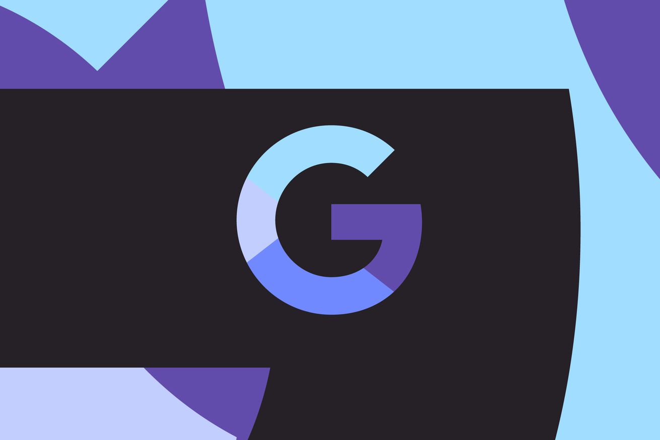 Image of the Google “G” logo on a blue, black, and purple background.