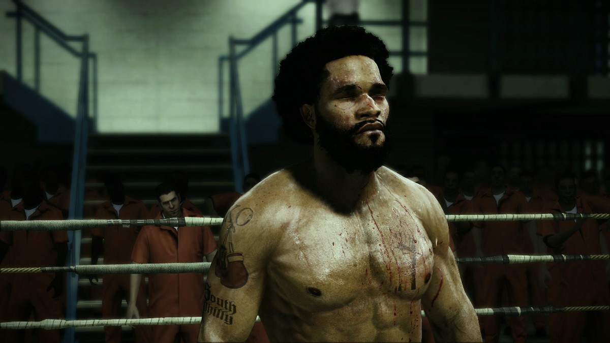 a black boxer, Andre Bishop, bruised and bloodied in a ring at a prison in Fight Night Champion