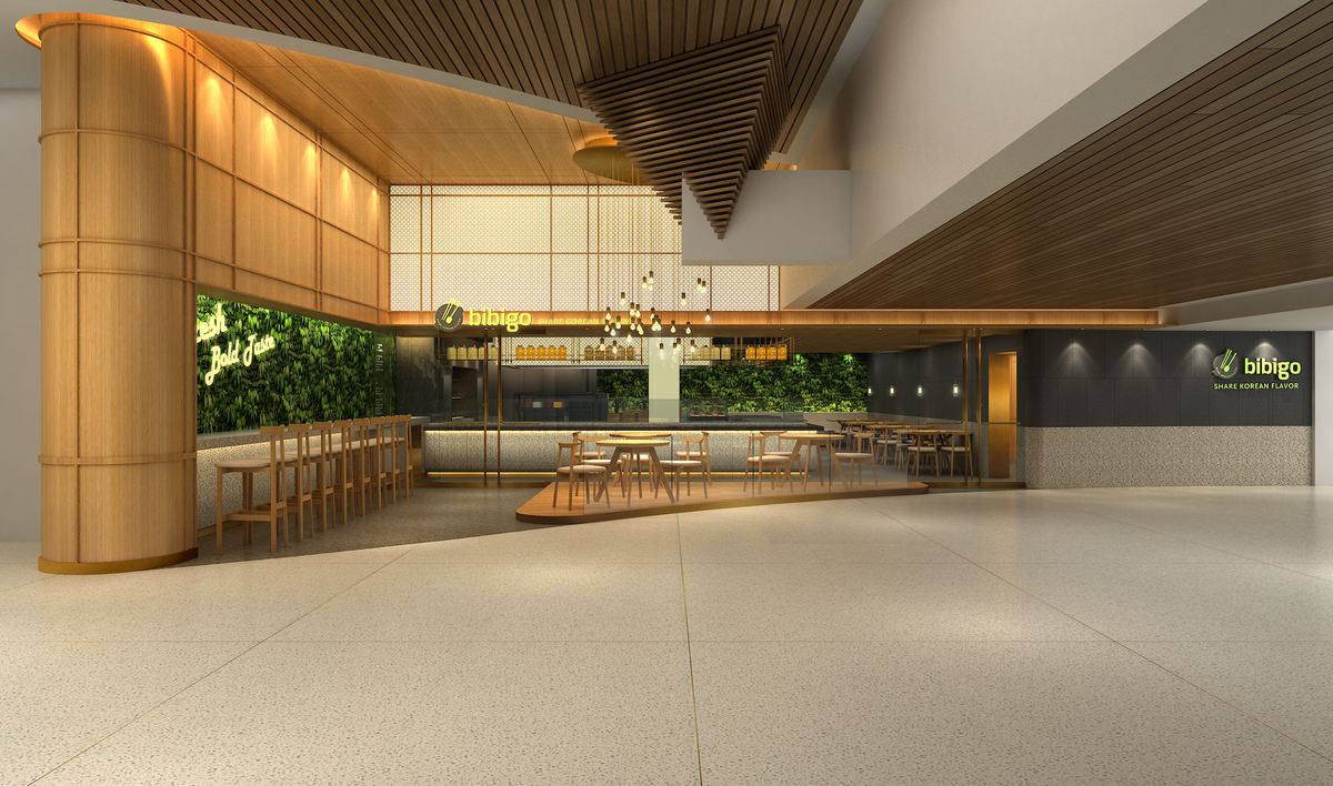A rendering of a kitchen space inside of a mall, wrapped in wood.
