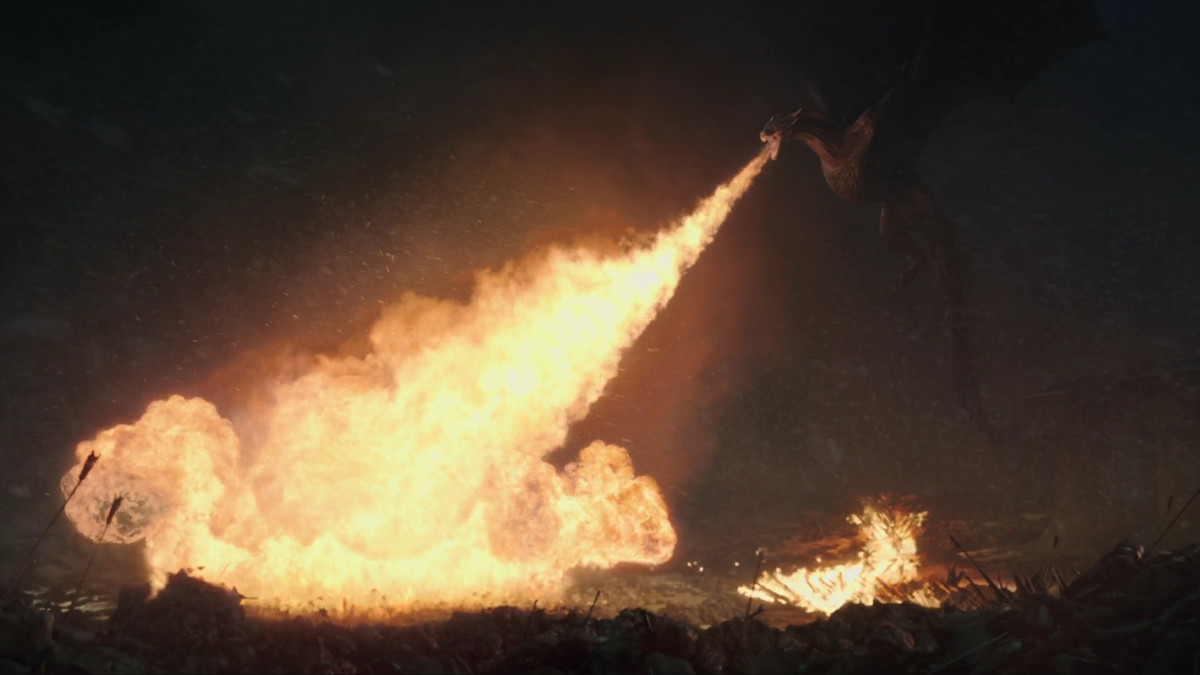 Game of Thrones season 8 episode 3 - Drogon breathing fire on the Night King during the Battle of Winterfell