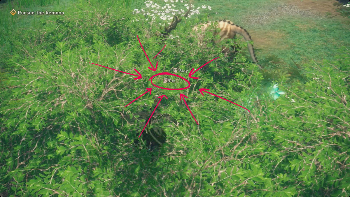 A Wild Hearts hunter hiding in a bush next to a small kemono creature. There is a prompt in the center of the screen reading “pet,” but it’s really easy to miss so it’s not my fault. There are arrows drawn on to point to the word.