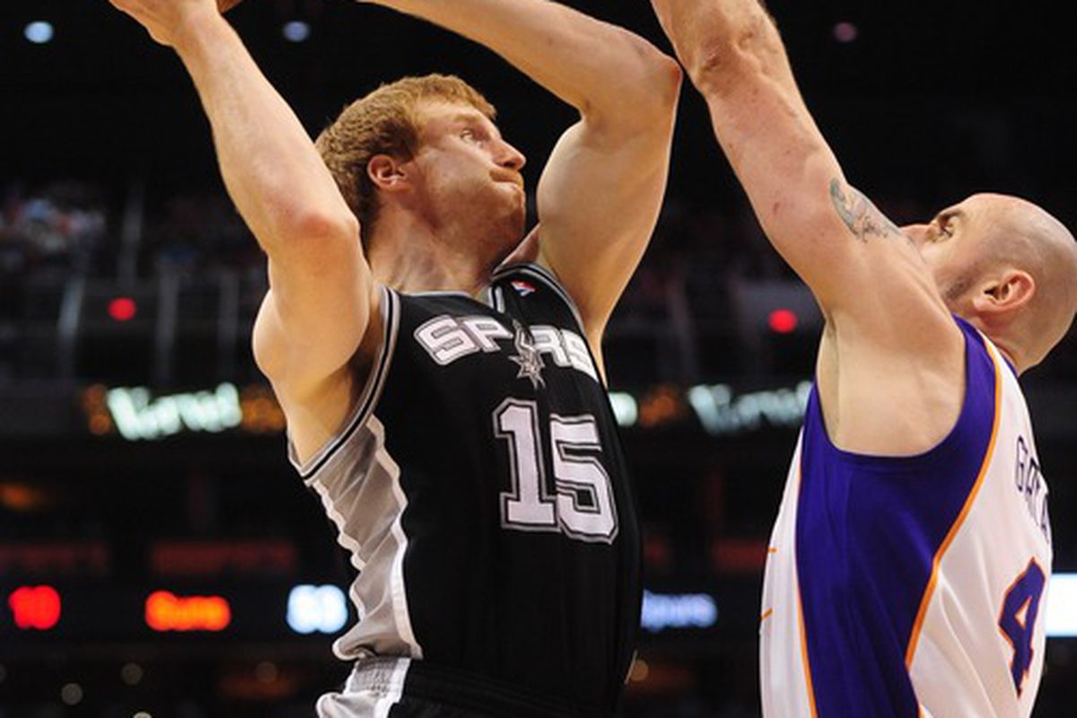 Matt Bonner with his patented jump hook. Err, maybe not patented. I dunno.