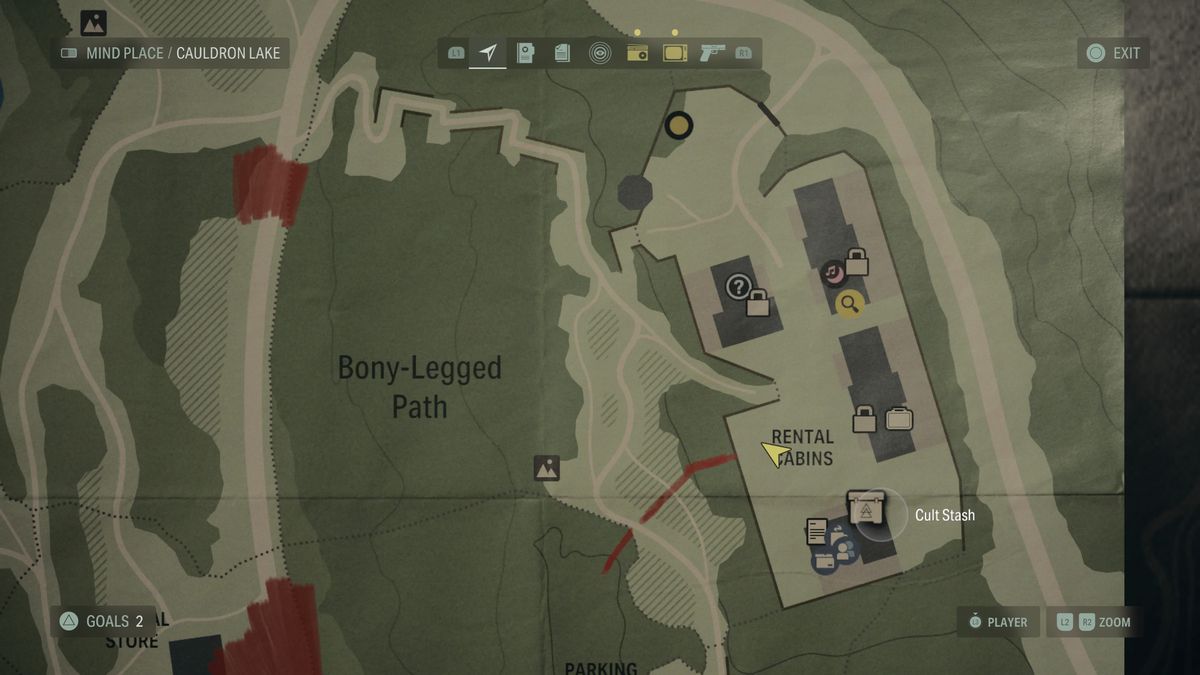 A map showing the location of a Cult Stash in Alan Wake 2