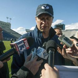 BYU's Head Coach Bronco Mendenhall talks to the media as BYU wraps up its spring football practices Friday, April 5, 2013 with a scrimmage game for the alumni at LaVell Edwards Stadium. BYU held its media day on Wednesday, June 26, 2013.