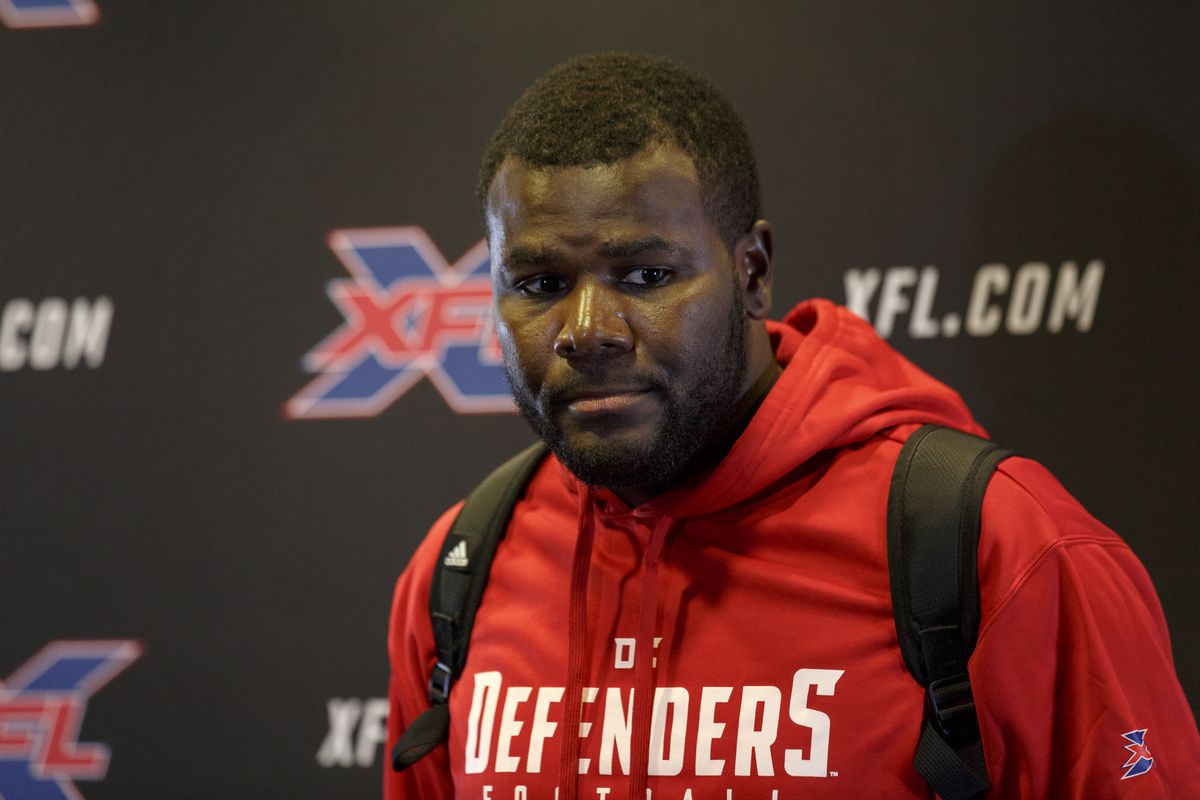 Quarterback Cardale Jones #12 of the DC Defenders answers questions from the media after the XFL Football game against the Tampa Bay Vipers at Raymond James Stadium on March 1, 2020 in Tampa, Florida. The Vipers defeated the Defenders 25 to 0.