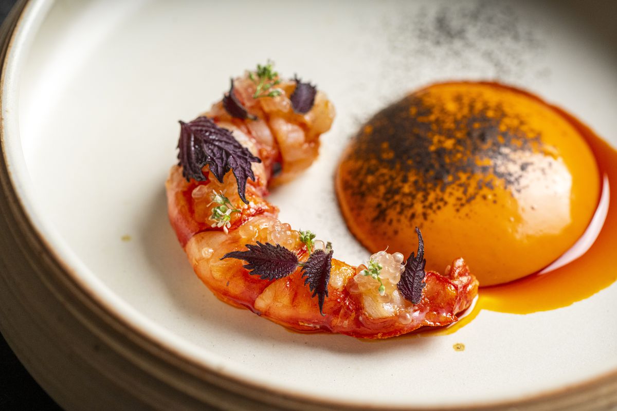 A shrimp and an egg on a plate. 