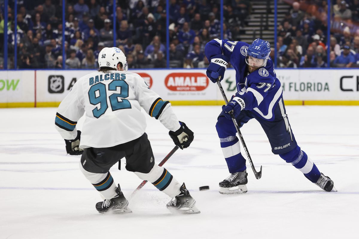 Victor Hedman #77 of the Tampa Bay Lightning shoots against Rudolfs Balcers #92 of the San Jose Sharks during the third period at Amalie Arena on February 1, 2022 in Tampa, Florida.