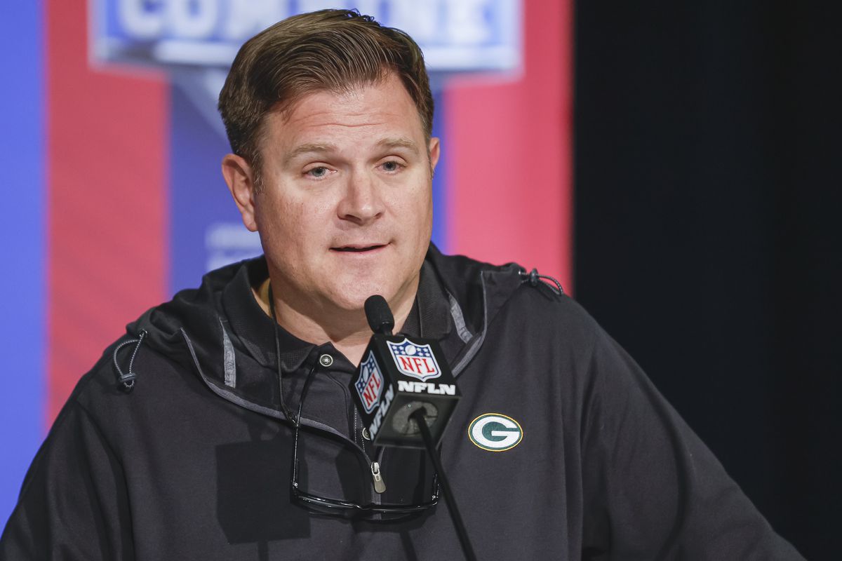 Brian Gutekunst, general manager of the Green Bay Packers speaks to reporters during the NFL Draft Combine at the Indiana Convention Center on March 1, 2022 in Indianapolis, Indiana.