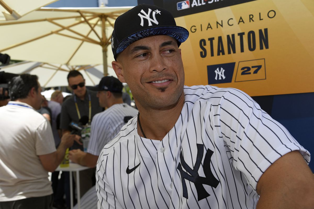 American League All-Star Giancarlo Stanton #27 of the New York Yankees talks with the media during the 2022 Gatorade All-Star Workout Day at Dodger Stadium on July 18, 2022 in Los Angeles, California.