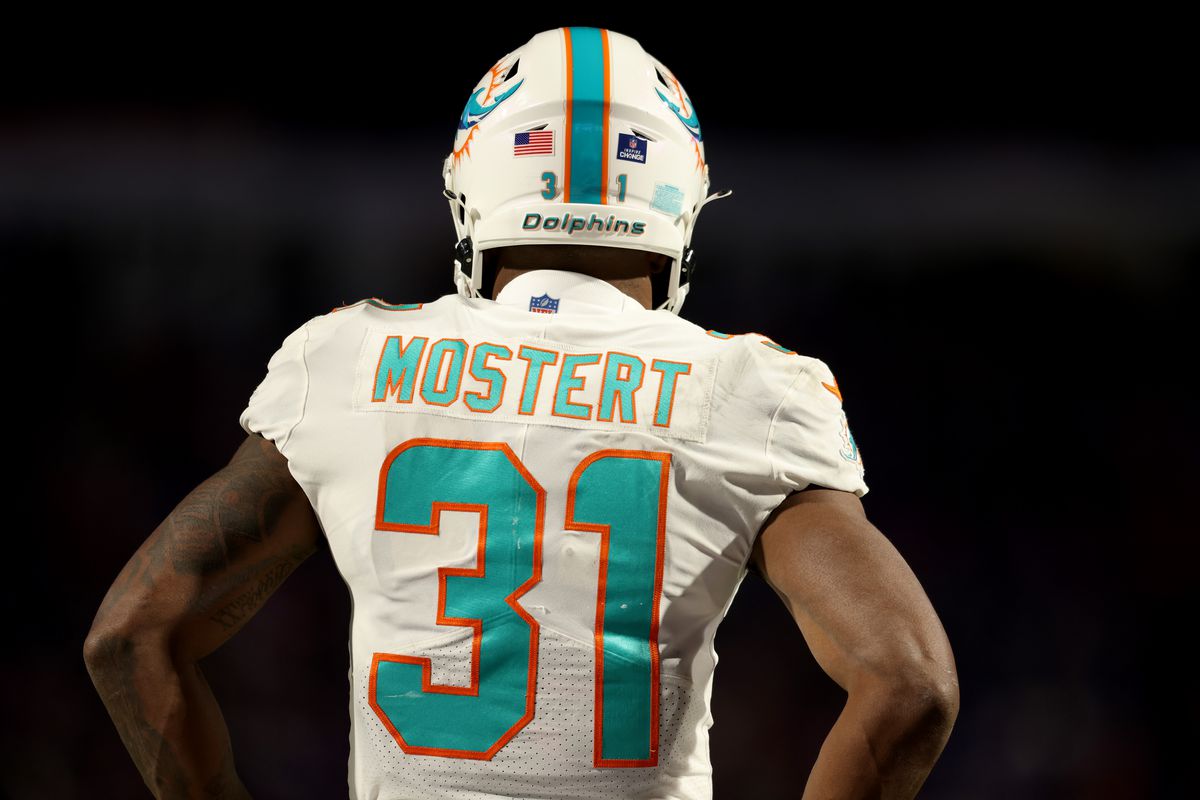 Raheem Mostert #31 of the Miami Dolphins looks on during the second quarter against the Buffalo Bills at Highmark Stadium on December 17, 2022 in Orchard Park, New York.