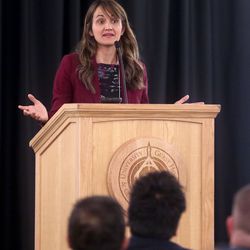 Jenny Presswalla, regional coordinator for strategic engagement for the U.S. Department of Homeland Security’s Office for Targeted Violence and Terrorism Prevention, speaks during a symposium titled “Protecting Faith Based Communities from Targeted Violence” at the University of Utah in Salt Lake City on Wednesday, Sept. 25, 2019.