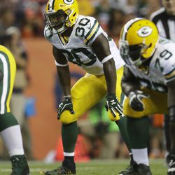 Green Bay Packers running back Jamaal Williams (30) lines up against the Denver Broncos during the first half of an NFL preseason football game, Saturday, Aug. 26, 2017, in Denver. (AP Photo/Joe Mahoney)