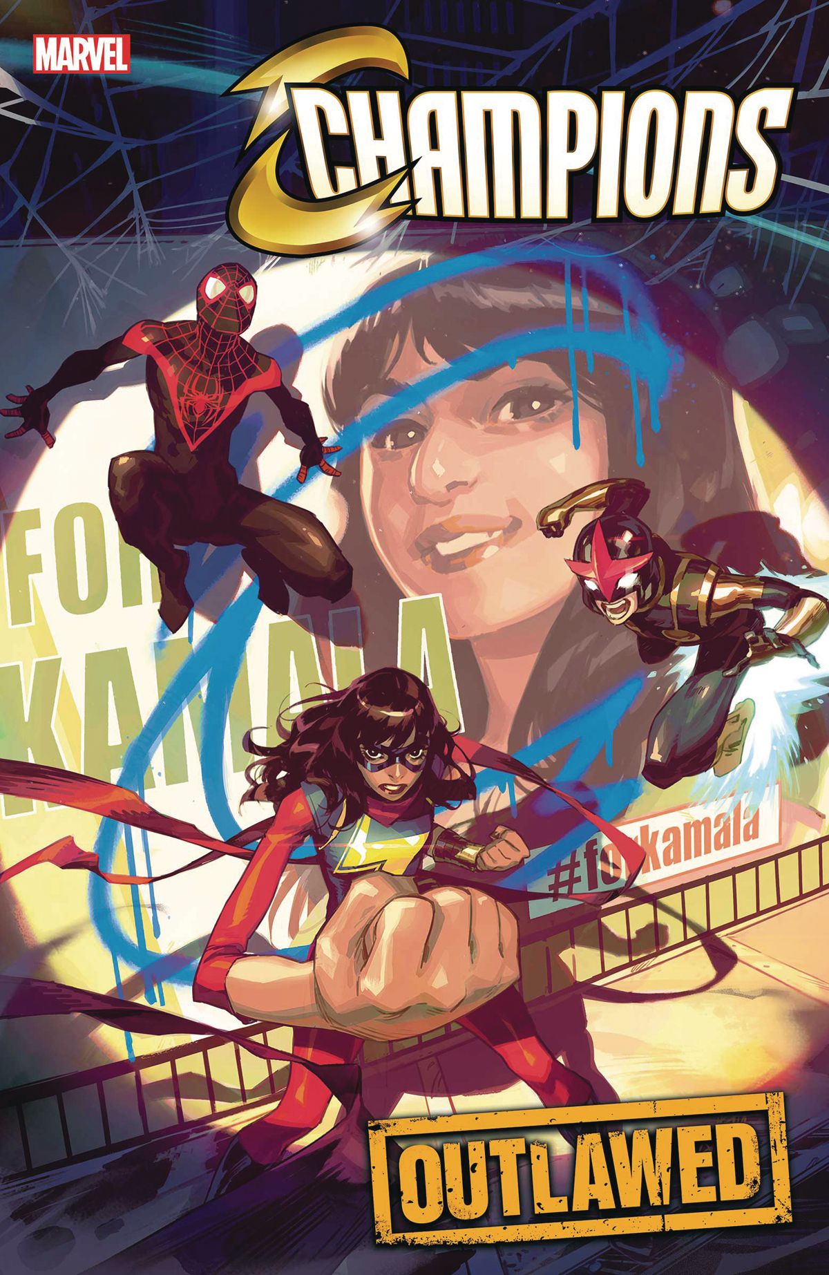 Miles Morales/Spider-Man, Ms. Marvel, and Nova pose under a spotlight and in front of a billboard in favor of Kamala’s Law, on the cover of Champions #1, Marvel Comics (2020). 