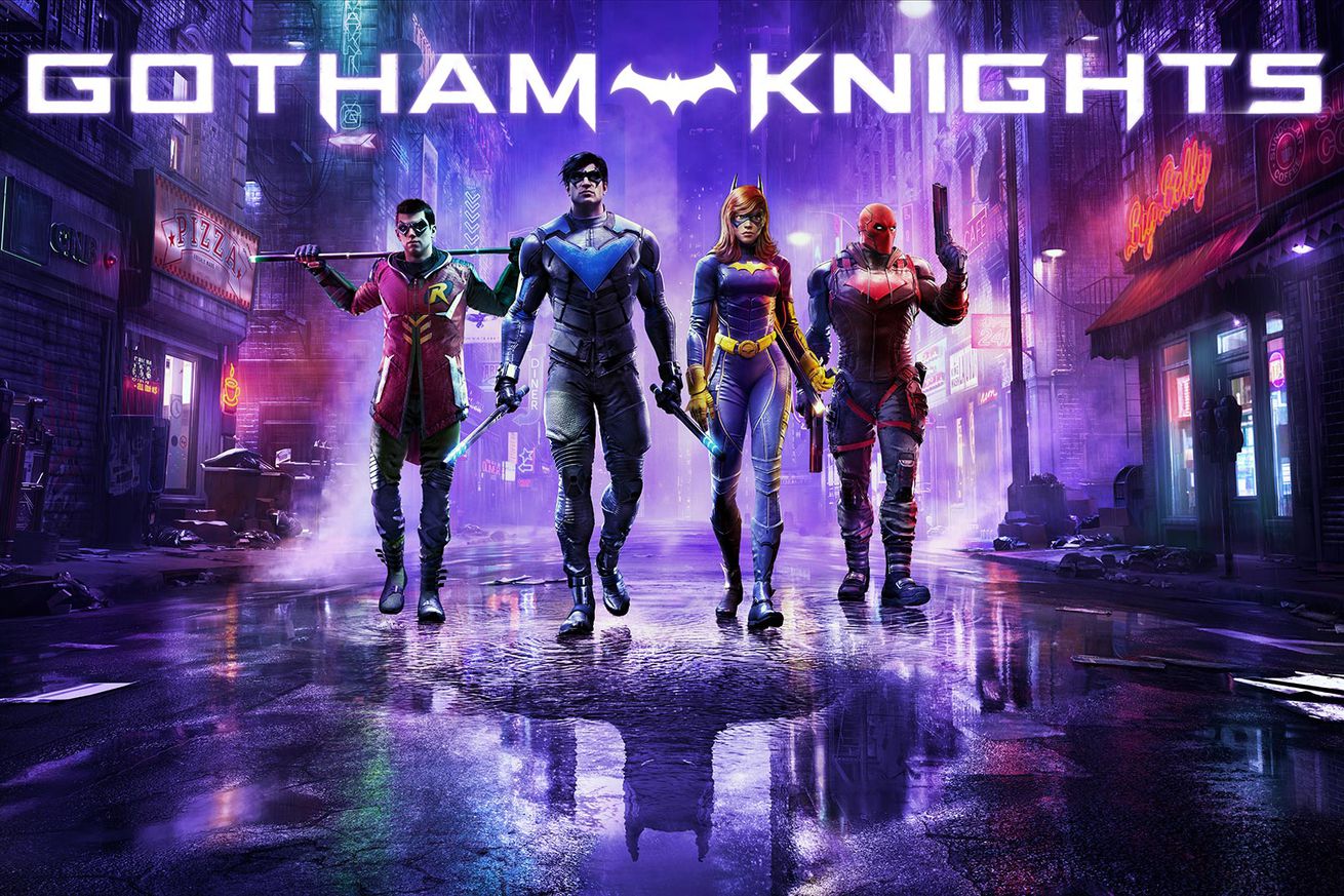 Promotional art for the Gotham Knights video game featuring four members of the batfamily (from left to right: Robin, Nightwing, Batgirl, and Red Hood) walking down a dark, neon purple light grimy alleyway.