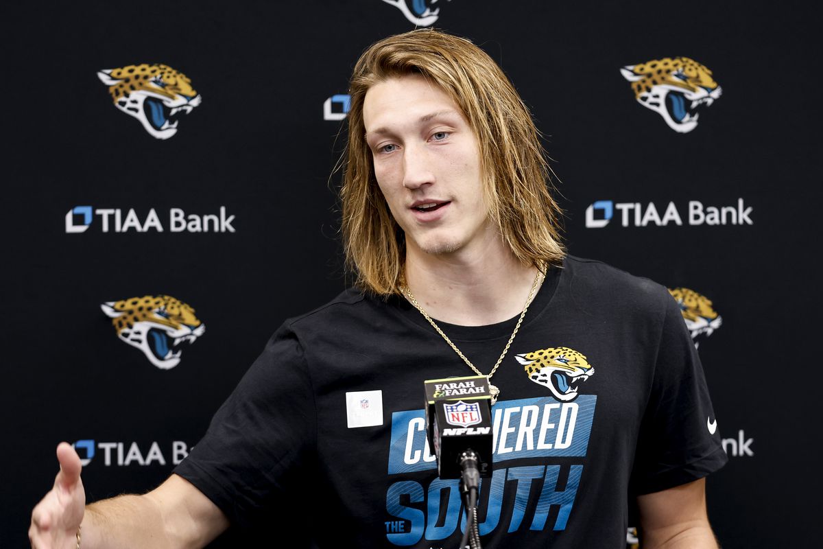 Quarterback Trevor Lawrence #16 of the Jacksonville Jaguars during the post game press conference after winning the game to claim the AFC Conference Championship against the Tennessee Titans at TIAA Bank Field on January 7, 2023 in Jacksonville, Florida. The Jagaurs defeated the Titans 20 to 16.