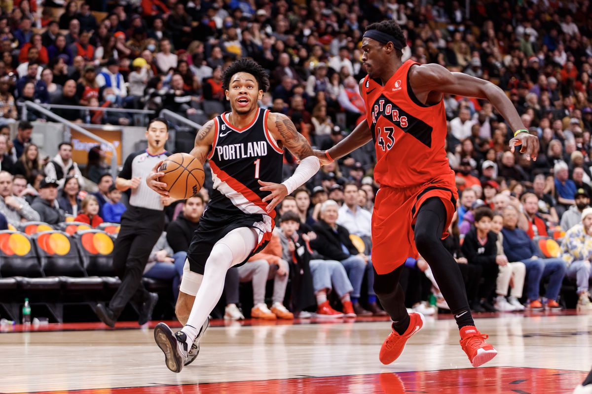 Anfernee Simons #1 of the Portland Trail Blazers drives to the net against Pascal Siakam #43 of the Toronto Raptors during the second half of their NBA game at Scotiabank Arena on January 8, 2023 in Toronto, Canada.