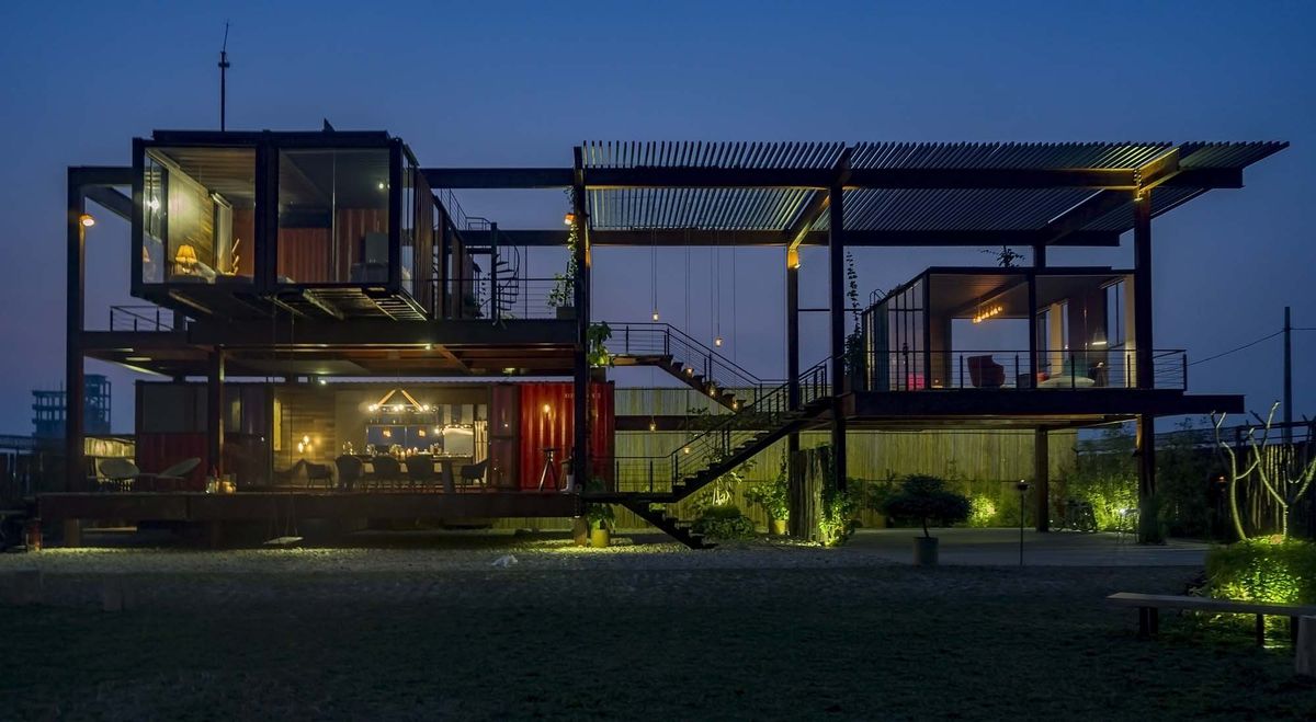Shipping container house at night