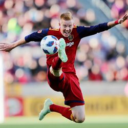 Real Salt Lake defender Justen Glad (15) stretches for the ball on a long kick as Real Salt Lake and D.C. United play an MLS Soccer match at Rio Tinto Stadium in Sandy on Saturday, May 12, 2018.