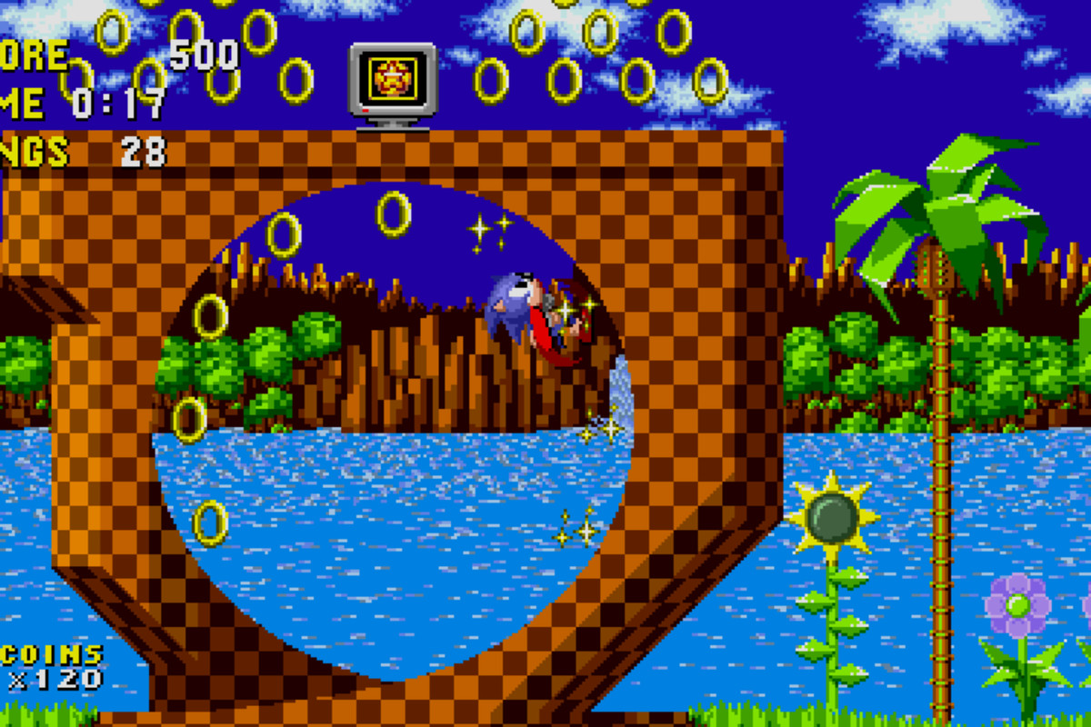 A screenshot of Sonic running up a loop in Sonic the Hedgehog from Sonic Origins.