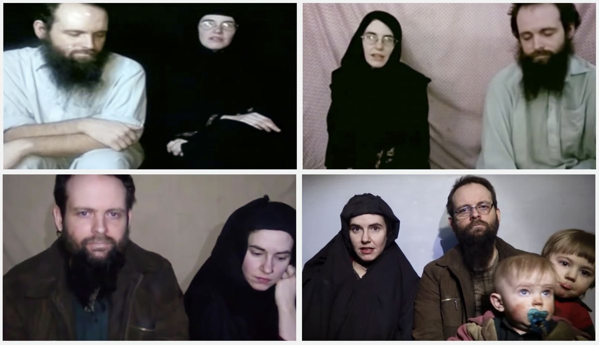 Stills from four videos of Caitlan Coleman and Joshua Boyle released by the Taliban.