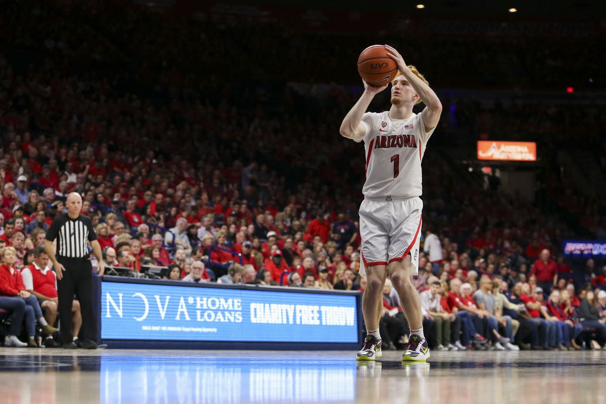 Arizona Wildcats guard Nico Mannion shoots a free throw after a technical foal against Washington Huskies in the second half at McKale Center.&nbsp;