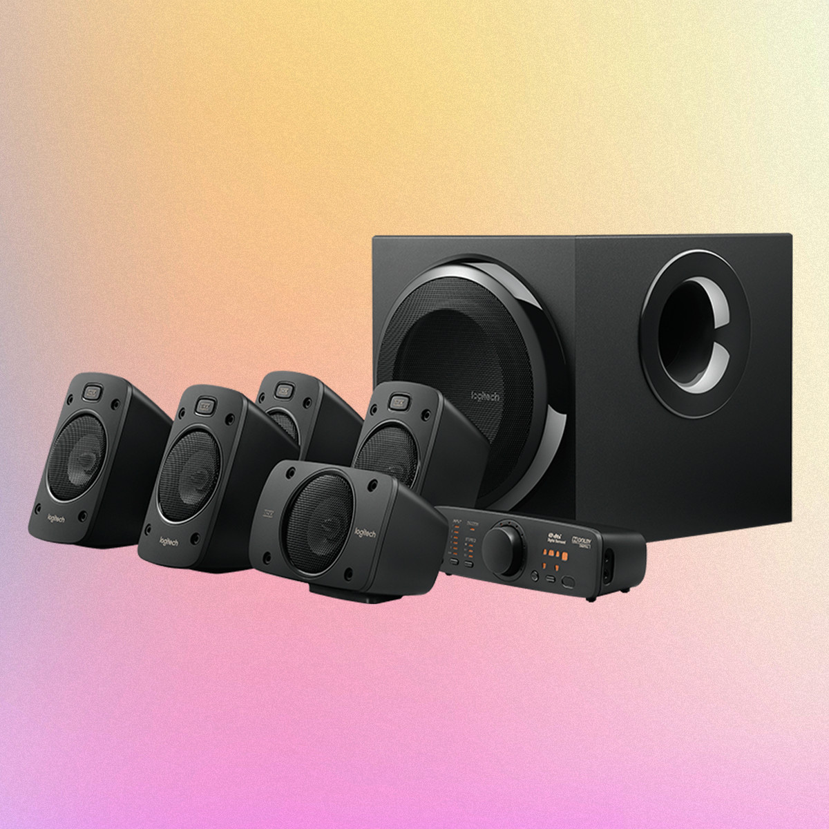 The Logitech surround-sound speaker system on a rainbow background.