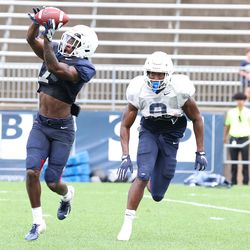 UConn’s Cameron Ross makes a catch during the Huskies open practice at Pratt & Whitney Stadium at Rentschler Field in East Hartford, CT on Saturday, August 14, 2021.
