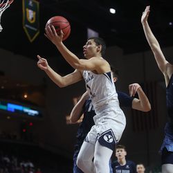 Brigham Young Cougars guard Rylan Bergersen (1) goes up for a layup as the BYU Cougars and San Diego Toreros play in WCC tournament action at the Orleans Arena in Las Vegas on Saturday, March 9, 2019. San Diego won 80-57.