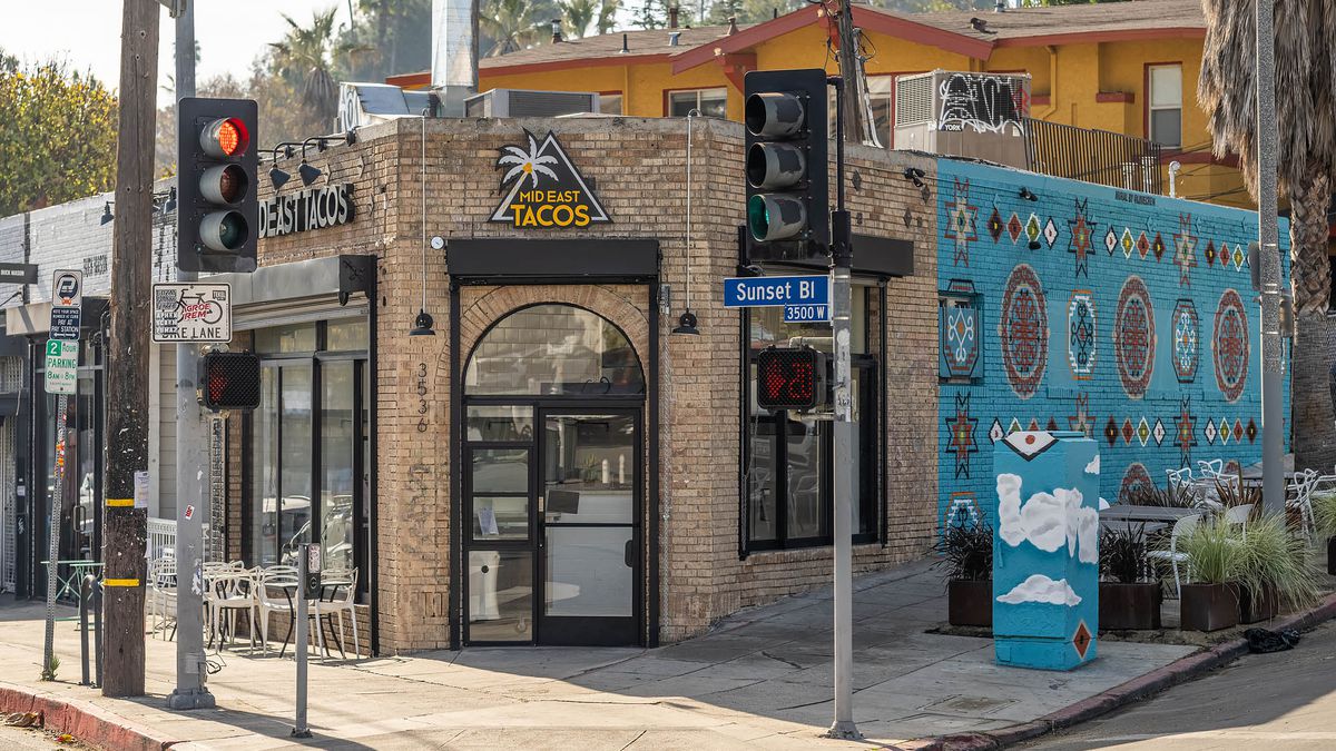 The facade with a mural for MidEast Tacos restaurant in Silver Lake, California.