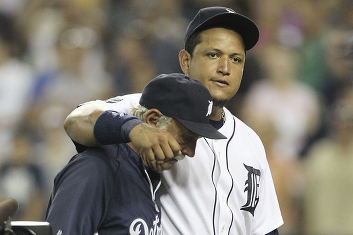 Miguel Cabrera hugs Jim Leyland after a victory over the White Sox on September 2, 2011