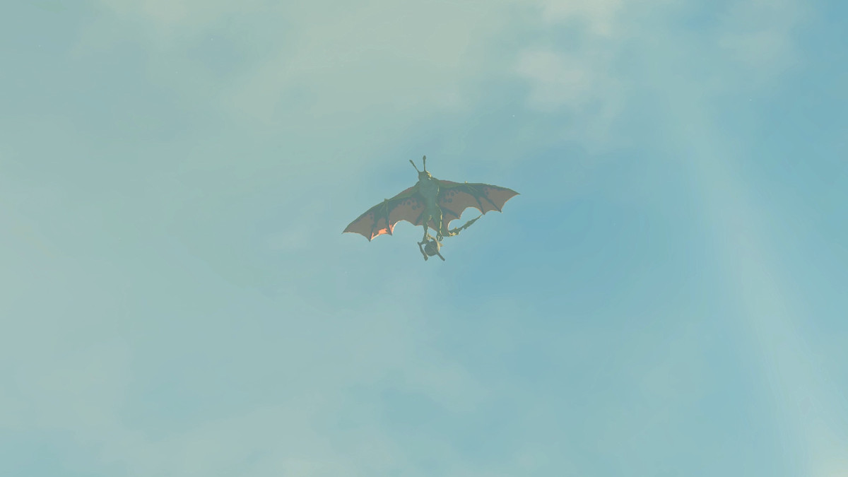 An Aerocuda in the air holding the Ulri Mountain Skyview Tower’s control panel in The Legend of Zelda: Tears of the Kingdom