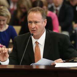 Sen. Mark Madsen, R-Salt Lake City, sponsor of SB73, which would allow refined cannabis medication made with THC, the active compound in marijuana that causes the "high," for specific health conditions, speaks before the House Health and Human Services committee at the Capitol in Salt Lake City on Monday, March 7, 2016. The panel voted down SB73. The panel also voted to send HCR3, a resolution supporting cannabis research, and SB89, which would legalize cannabidiol for medical purposes, to the full House.