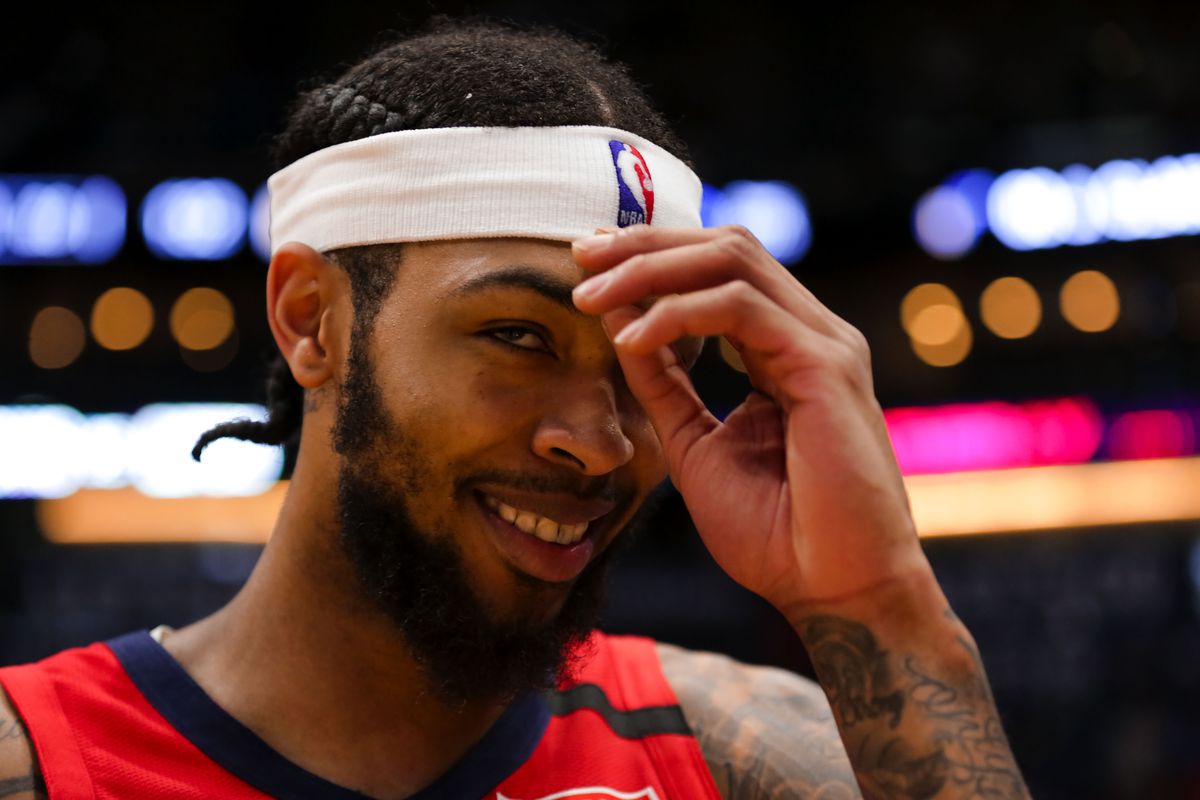 New Orleans Pelicans forward Brandon Ingram celebrates following an overtime victory over the Utah Jazz at the Smoothie King Center.