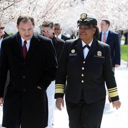 U.S. Surgeon General Regina Benjamin joins Gov. Gary Herbert for a walk around the Utah Capitol in Salt Lake City, Tuesday, April 9, 2013.