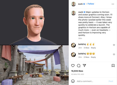 Screenshot of an Instagram post from Mark Zuckerberg, showing off a digital avatar and an ancient-looking courtyard.
