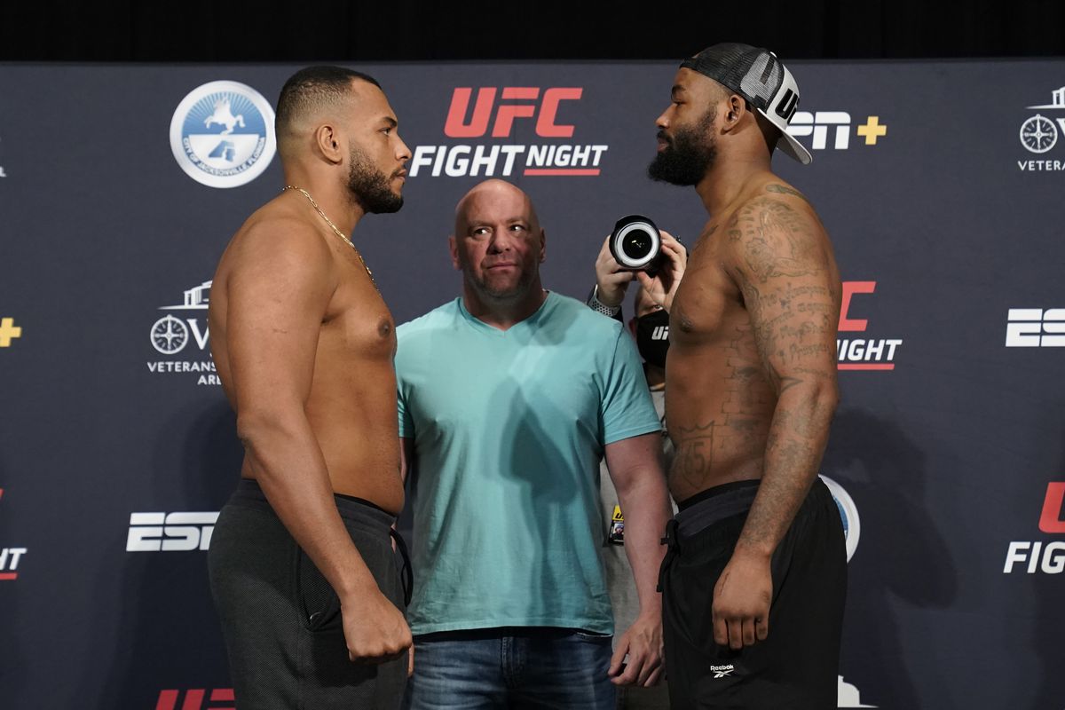 Rodrigo Nascimento and Don’Tale Mayes face off during the official UFC Fight Night weigh-in on May 15, 2020 in Jacksonville, Florida.