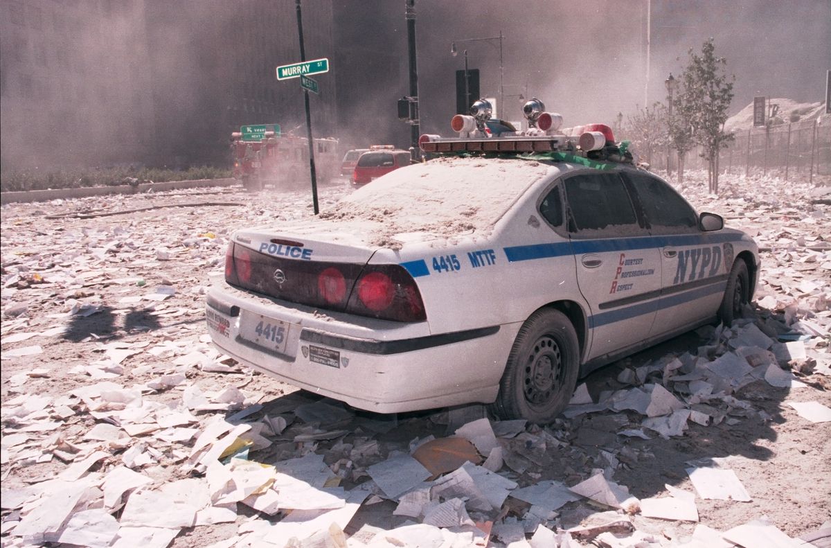 police car covered in dust on 9/11