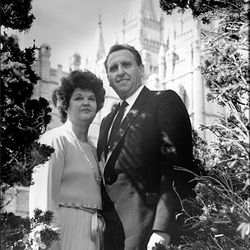 President Thomas S. Monson and his wife, Frances, in front of the Salt Lake Temple.