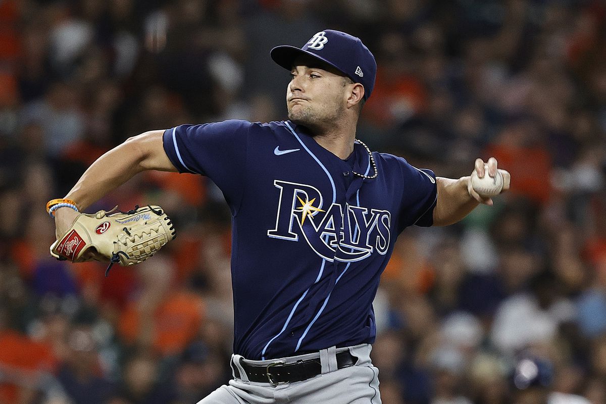 Shane McClanahan of the Tampa Bay Rays pitches in the first inning against the Houston Astros at Minute Maid Park on October 01, 2022 in Houston, Texas.