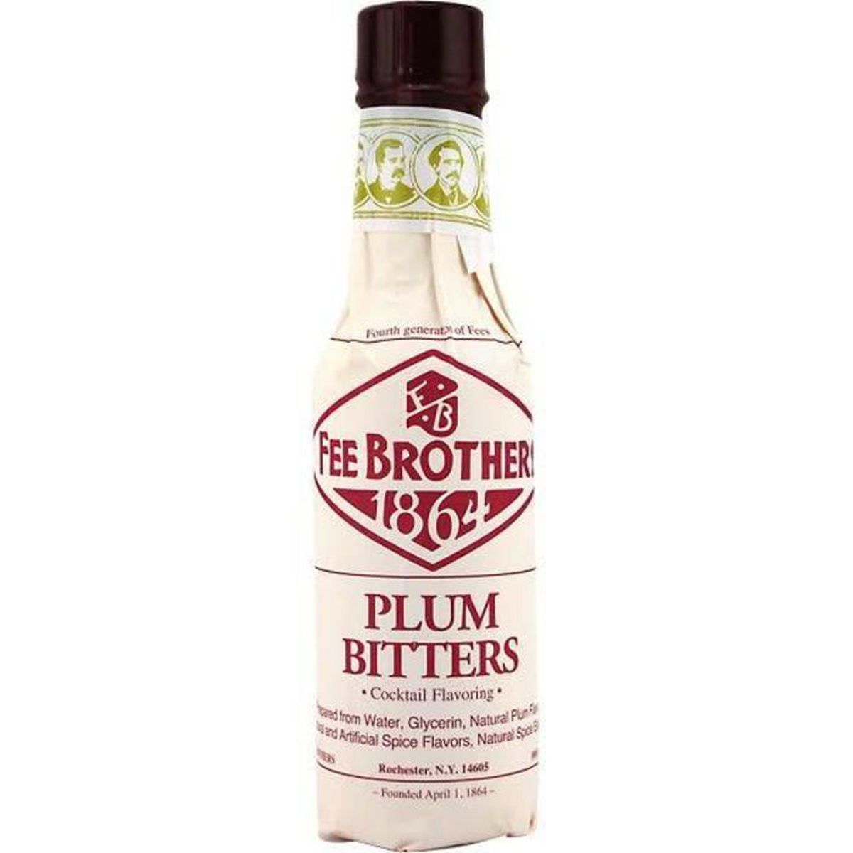 A bottle of bitters in a white and maroon label