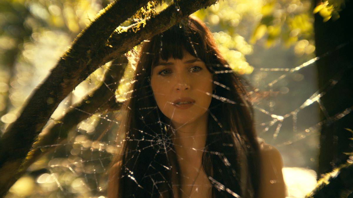 Cassandra Webb (Dakota Johnson) stands in front of a spider web (get it?) in Madame Web