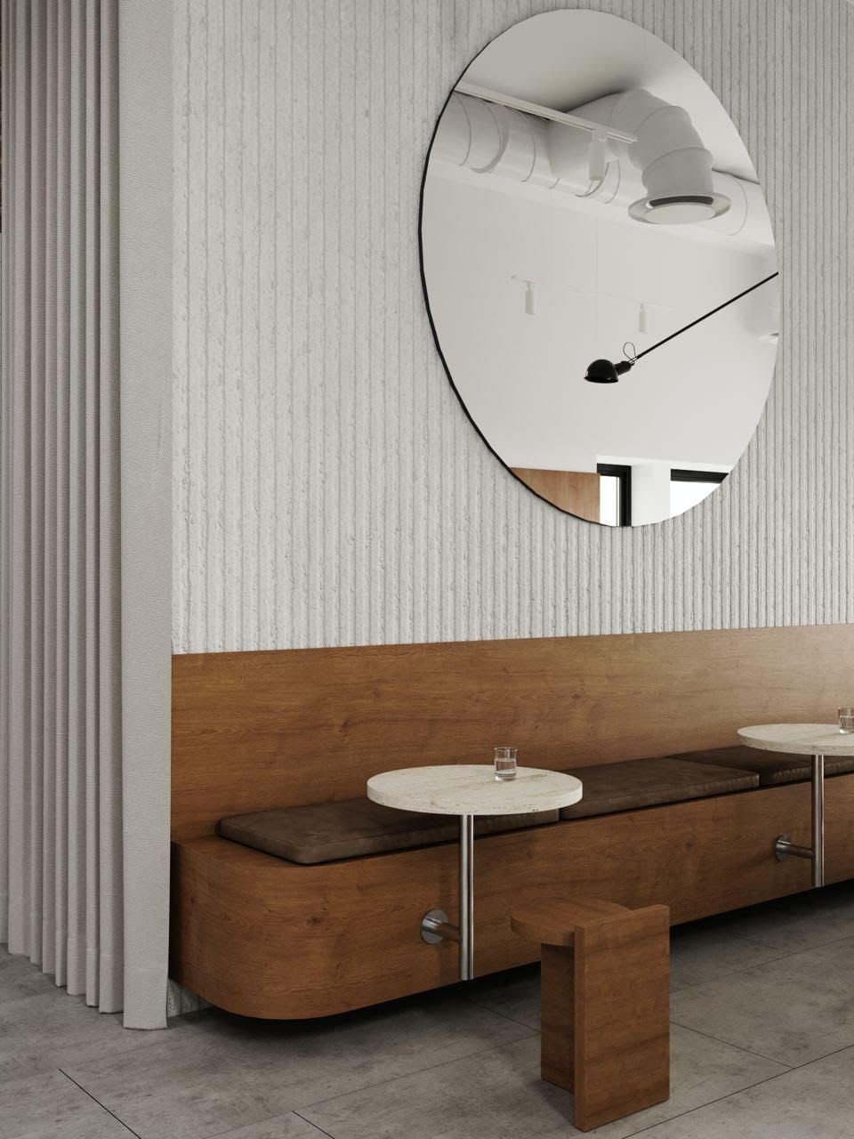 A rendering of a wooden banquette inside a minimalistic cafe space.