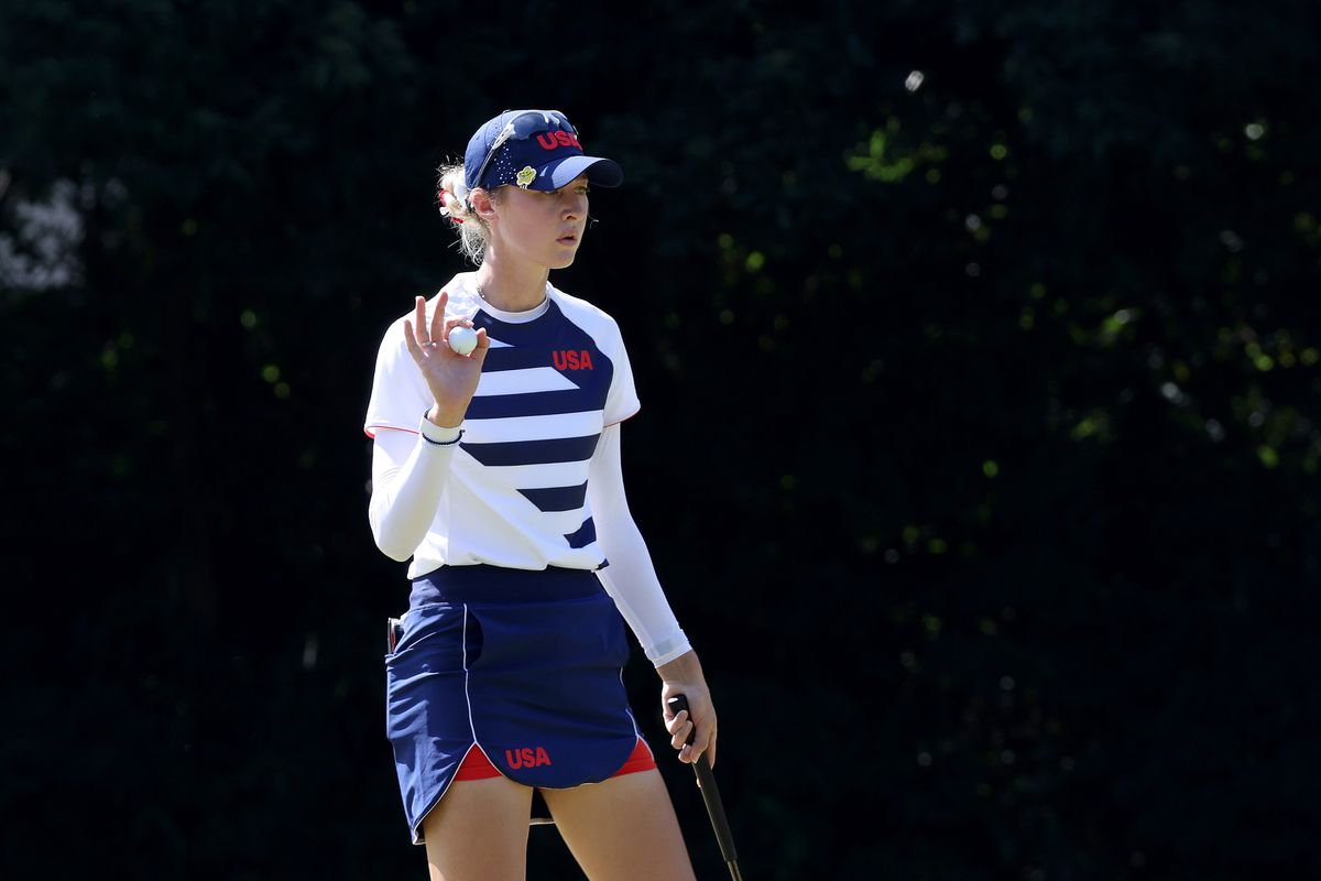 Nelly Korda of Team United States waves after putting on the 17th green during the second round of the Women’s Individual Stroke Play on day thirteen of the Tokyo 2020 Olympic Games at Kasumigaseki Country Club on August 05, 2021 in Kawagoe, Japan.