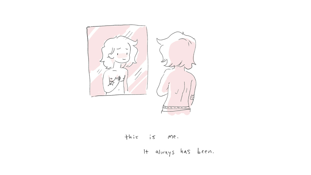 A cartoon version of Noelle looks into the mirror after top surgery, with the caption “This is me. It always has been.” A panel from the free comic The Weight of Them.