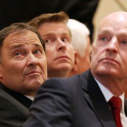 Gubernatorial candidates Gov. Gary Herbert, left, Jonathan Johnson,and Vaughn Cook listen before answering questions of importance to voters during a Utah Foundation luncheon at the City Center Marriott in Salt Lake City on Thursday, March 24, 2016. The other candidates are, from left, Gov. Gary Herbert, Jonathan Johnson and Mike Weinholtz.