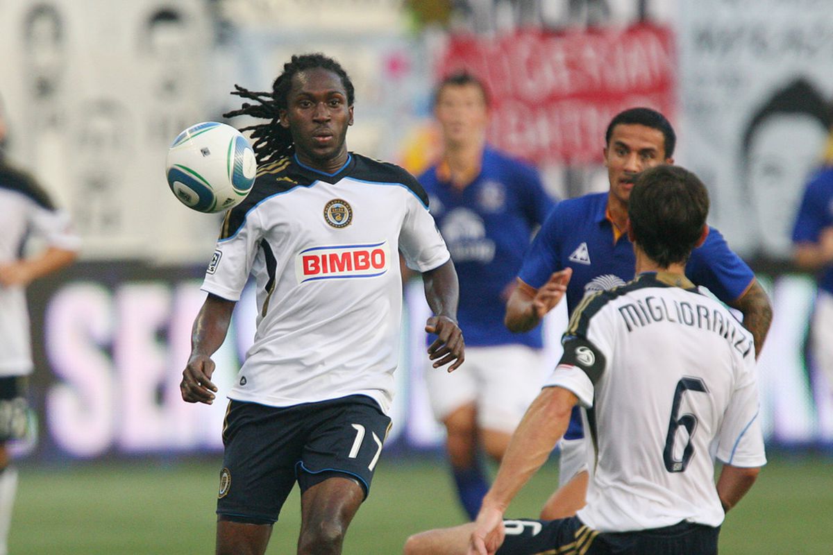 CHESTER, PA - JULY 20: Midfielder Keon Daniel #17 of the Philadelphia Union chases the ball during a game against Everton at PPL Park on July 20, 2011 in Chester, Pennsylvania. The Union won 1-0.  (Photo by Hunter Martin/Getty Images)