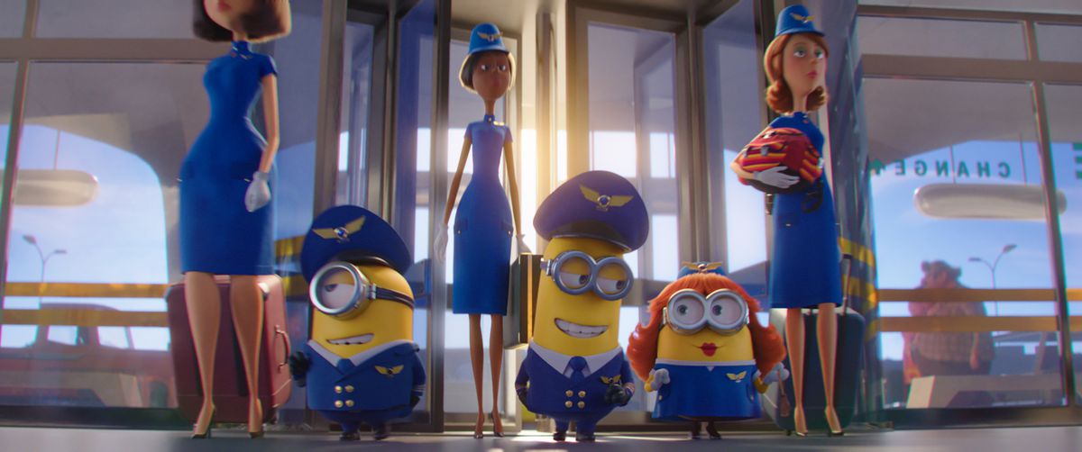 three minions in blue flight attendant uniforms