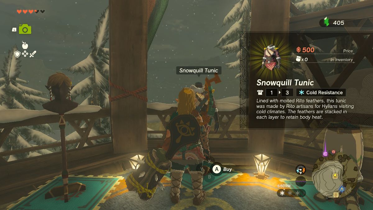 Link stares at the Snowquill Armor in Rito Village Armor Shop in Zelda Tears of the Kingdom.