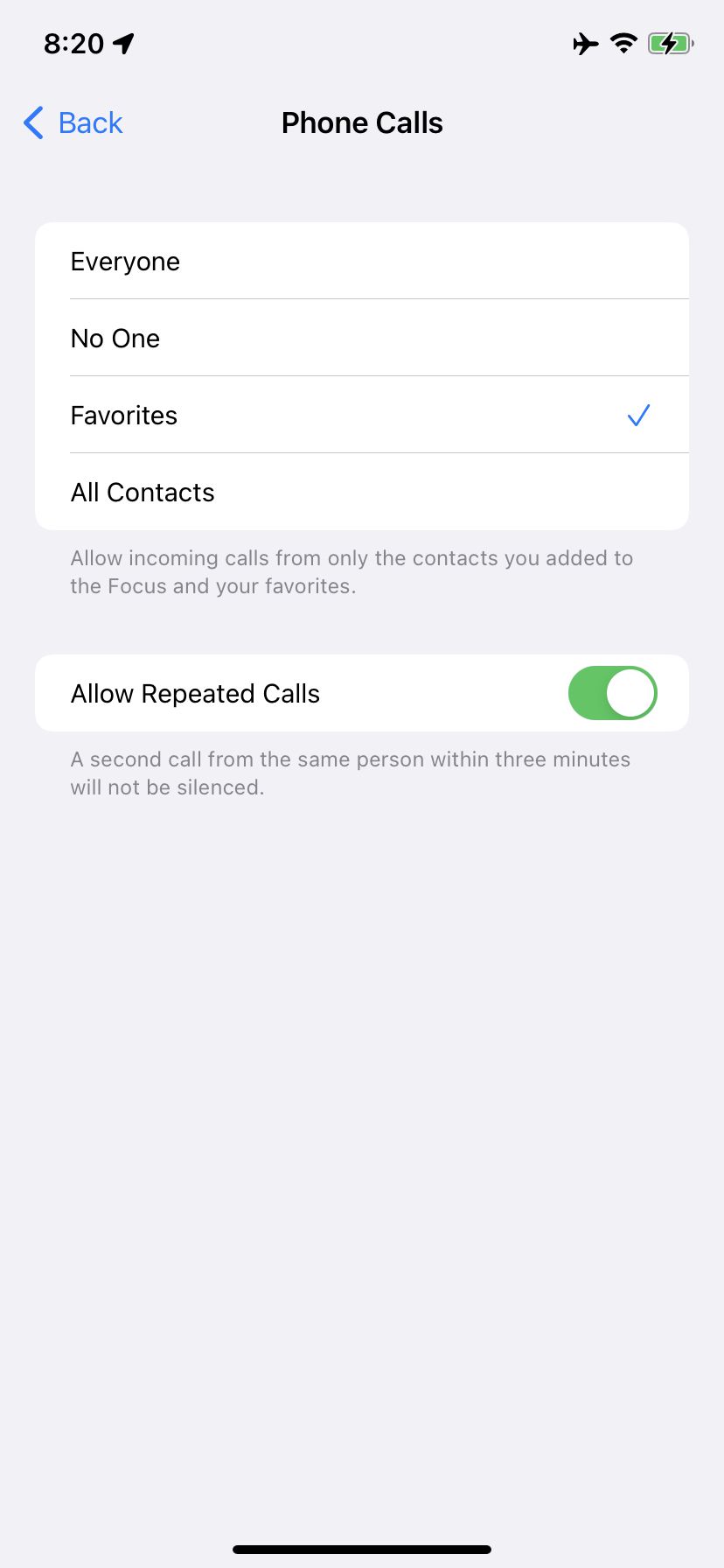 Tap “Calls From” to choose general categories of contacts.